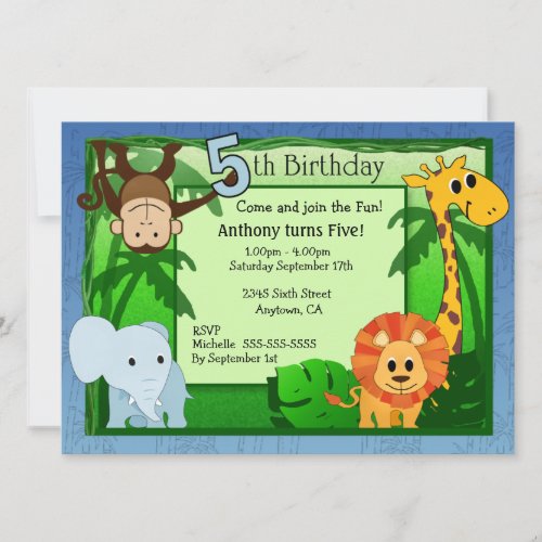 Jungle Theme 5th Birthday Invitation