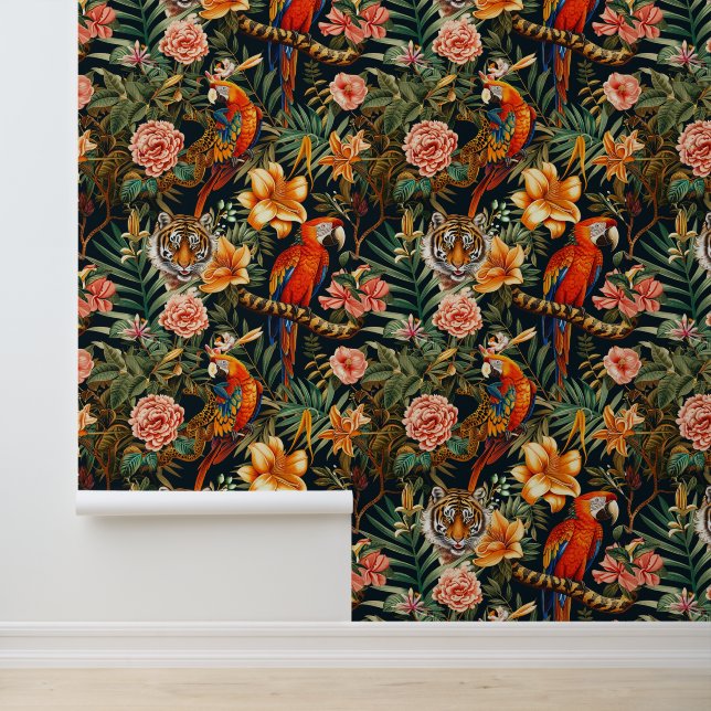 Jungle Theme Indian Style Parrot Tiger Flower Wallpaper (Application)