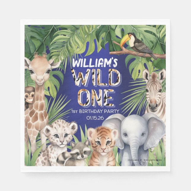 Jungle themed 1st birthday Wild one navy blue Napkins (Front)
