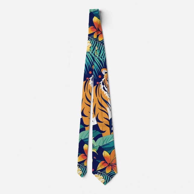 Jungle Tiger Floral Custom Pattern Neck Tie (Back)
