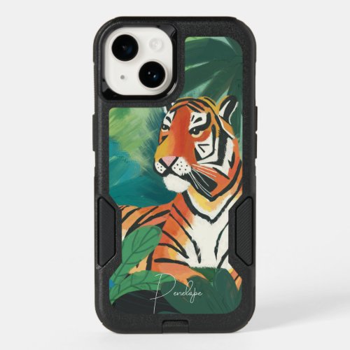 Jungle Tiger Illustration With Name OtterBox iPhone 14 Case