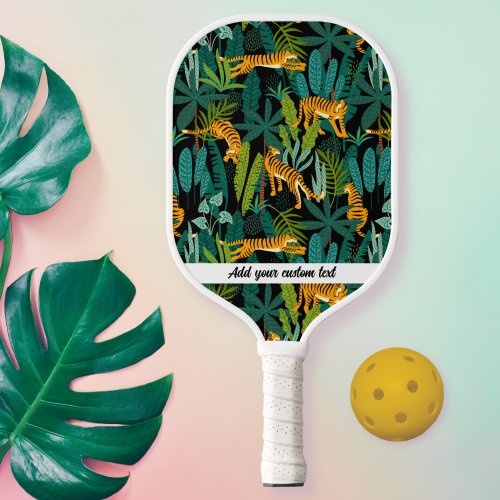 Jungle Tiger Palm Leaf Pattern Custom Text Name Pickleball Paddle