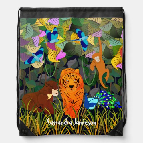 Jungle Tiger Sun Bear Peacock Monkey Indian Roller Drawstring Bag