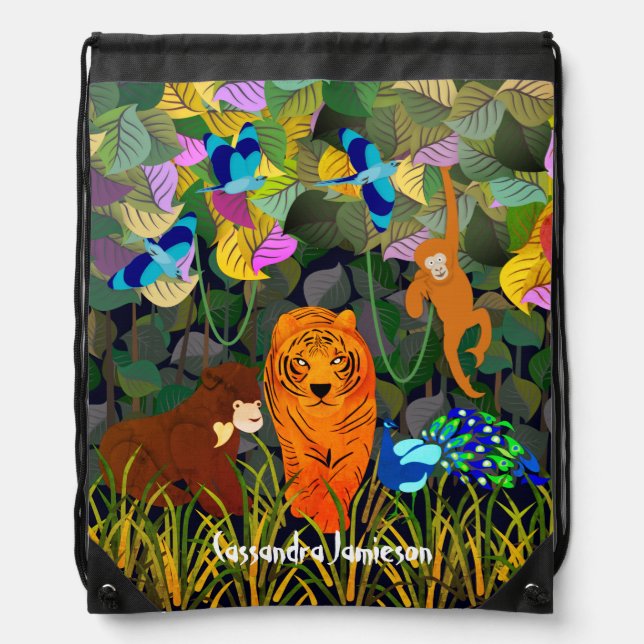 Jungle Tiger Sun Bear Peacock Monkey Indian Roller Drawstring Bag (Front)