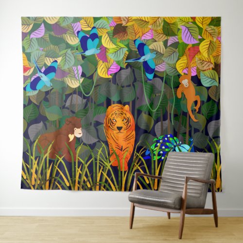 Jungle Tiger Sun Bear Peacock Monkey Indian Roller Tapestry