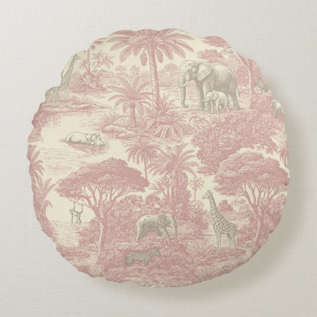 Jungle Toile Pattern Tropical Planner Round Pillow (Front)