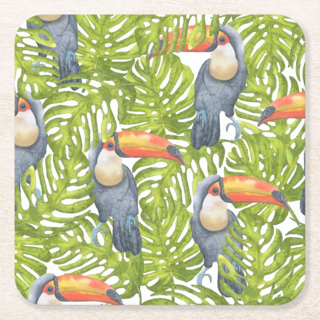 Jungle Toucan Bird Trees Pattern Square Paper Coaster (Front)