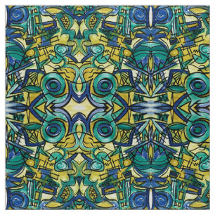 Jungle Trek-Bold Blue Green Yellow Pattern Fabric