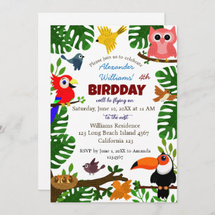 Jungle Tropical Green Summer Kids Bird Birthday Invitation