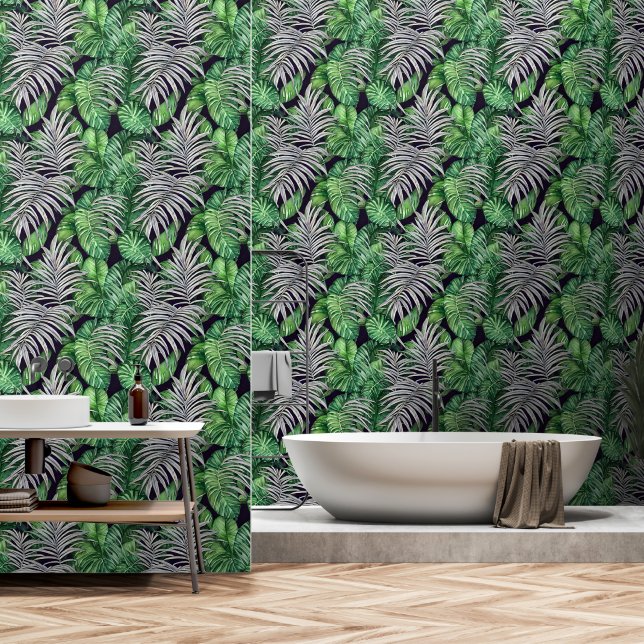 Jungle tropical monstera leaf foliage green black  wallpaper  (Bathroom)