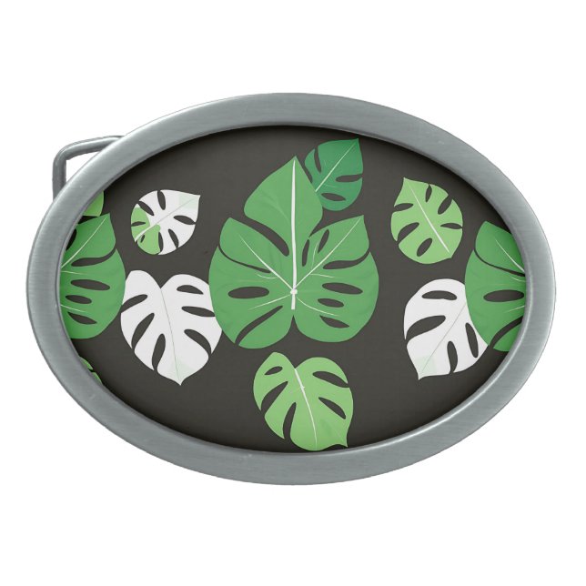 Jungle Tropical Monstera Leaves Black Background  Belt Buckle (Front)