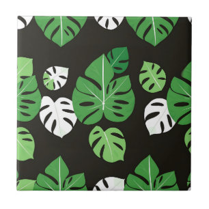 Jungle Tropical Monstera Leaves Black Background  Ceramic Tile