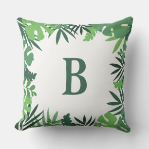 Jungle tropical palm leaves green monogram outdoor pillow