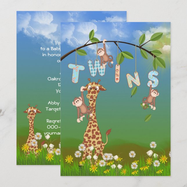 Jungle Twin Baby Shower Invitation (Front/Back)