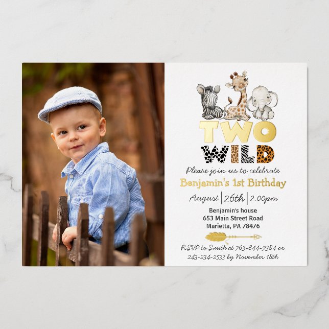 Jungle Two Wild Photo Real Gold Foil Invitation (Front)