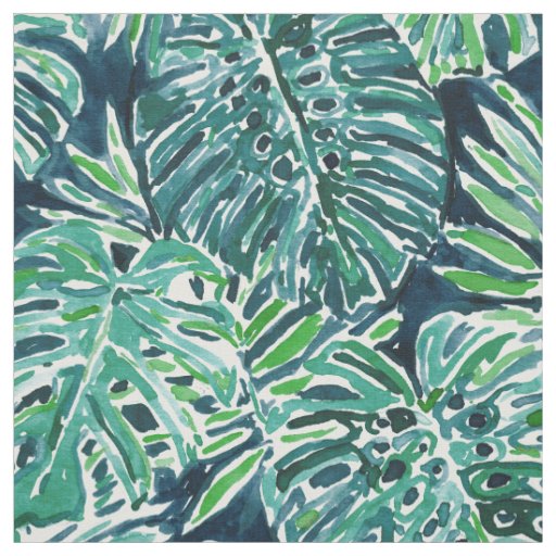 JUNGLE VIBES Green Navy Tropical Monstera Leaves Fabric