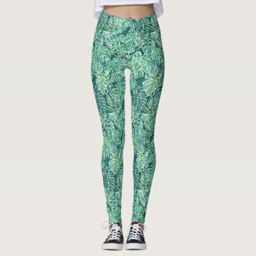 JUNGLE VIBES Green Tropical Monstera Pattern Leggings