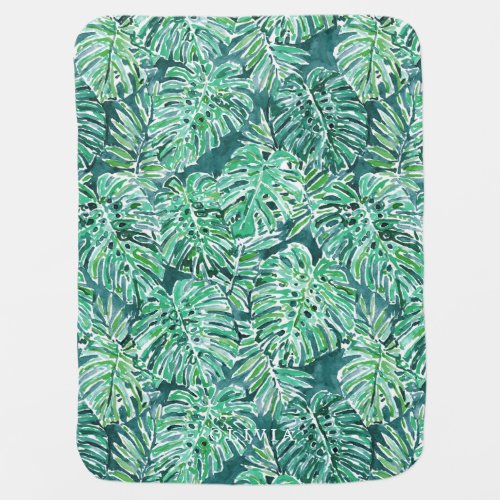 JUNGLE VIBES Green Tropical Monstera Pattern Stroller Blanket