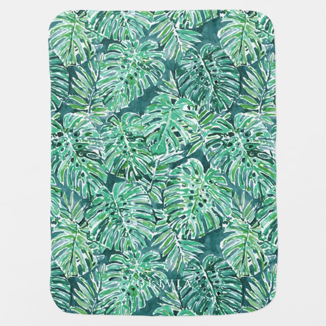JUNGLE VIBES Green Tropical Monstera Pattern Stroller Blanket (Front)