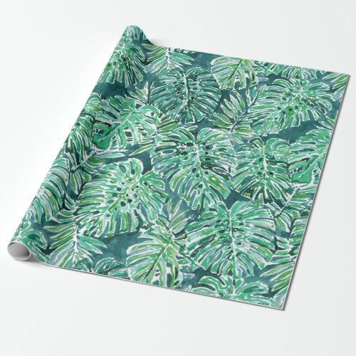 JUNGLE VIBES Green Tropical Monstera Pattern Wrapping Paper