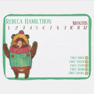 Jungle Watercolor Bear Baby Growth Monthly Tracker Blanket