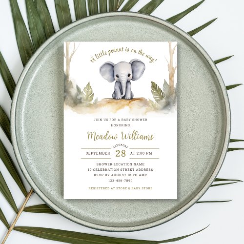 Jungle Watercolor Elephant Neutral Baby Shower    Invitation