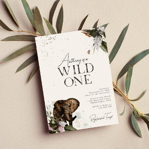 Jungle Watercolor Elephant Wild One 1st Birthday Invitation