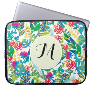 Jungle Watercolor Flowers Floral Fine Monogram Laptop Sleeve