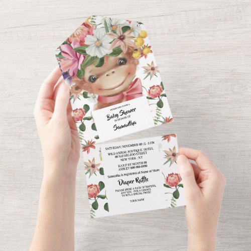 Jungle watercolor monkey gender neutral shower all in one invitation