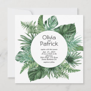 Jungle watercolor tropical green leaves invitation