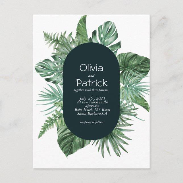 Jungle watercolor tropical green leaves invitation postcard (Front)