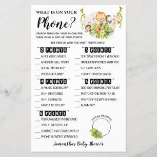 Jungle What is on your Phone Baby Shower Game card Flyer