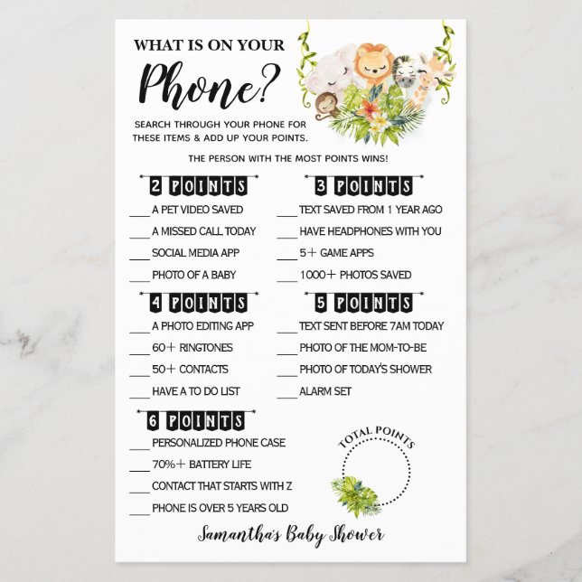 Jungle What is on your Phone Baby Shower Game card Flyer (Front)