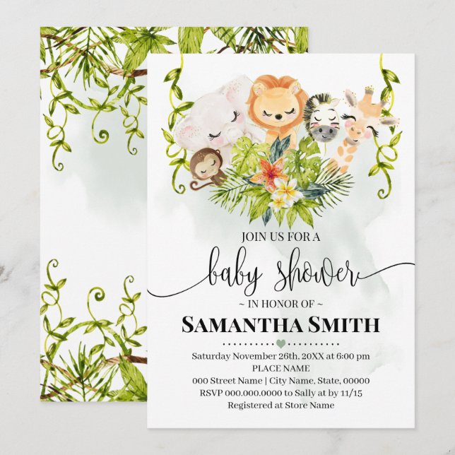 Jungle Wild Animals Baby Shower Tropical Safari Invitation (Front/Back)