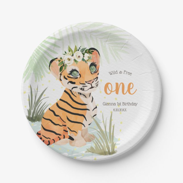 Jungle Wild & Free Floral 1st Birthday Tiger  Paper Plates (Front)
