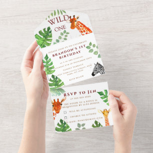 Jungle Wild One 1st Birthday Boy Safari Animal All In One Invitation