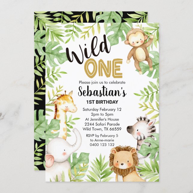 Jungle Wild One 1st Birthday Invitation Safari (Front/Back)