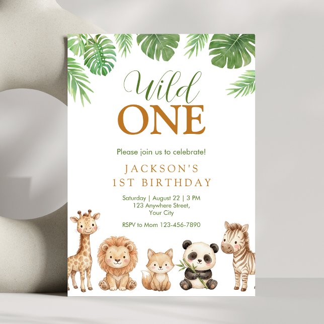 Jungle Wild One Birthday Invitation (Wild One birthday invitation with safari animals and tropical greenery for a first birthday)