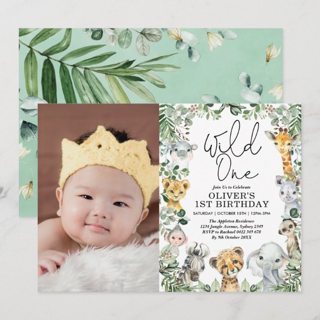Jungle Wild One Greenery Safari 1st Birthday Photo Invitation (Front/Back)