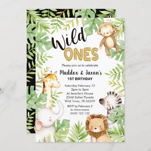 Jungle Wild Ones 1st Birthday Invitation Twins