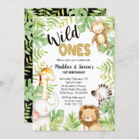 Jungle Wild Ones 1st Birthday Invitation Twins