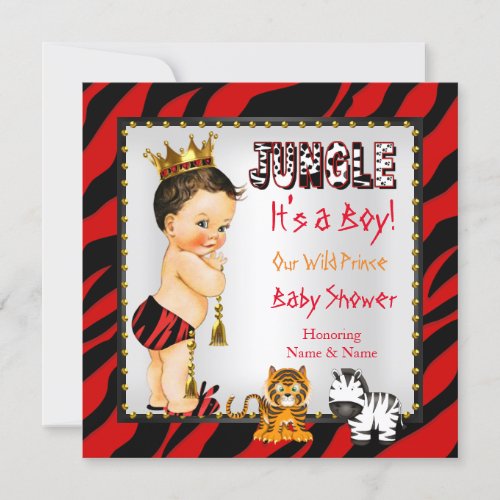 Jungle Wild Prince Baby Shower Red Brunette Invitation