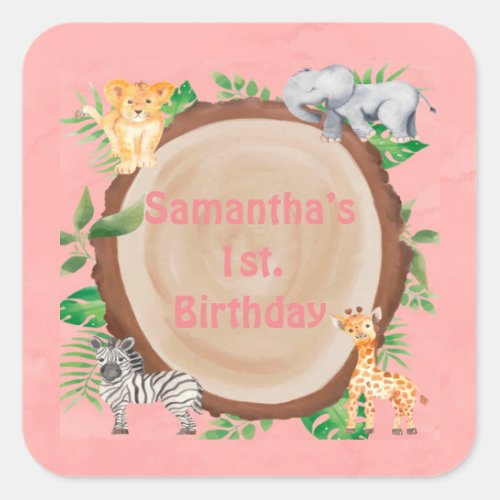 Jungle Woodland Safari Animals Pink birthday Party Square Sticker