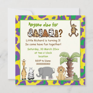 Jungle yellow, purple safari kids birthday party invitation