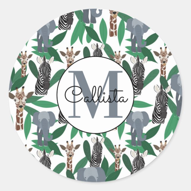 Jungle Zebra Elephant Giraffe Safari Animals Classic Round Sticker (Front)