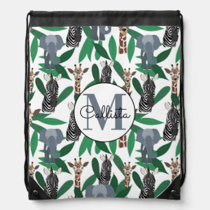Jungle Zebra Elephant Giraffe Safari Animals Drawstring Bag