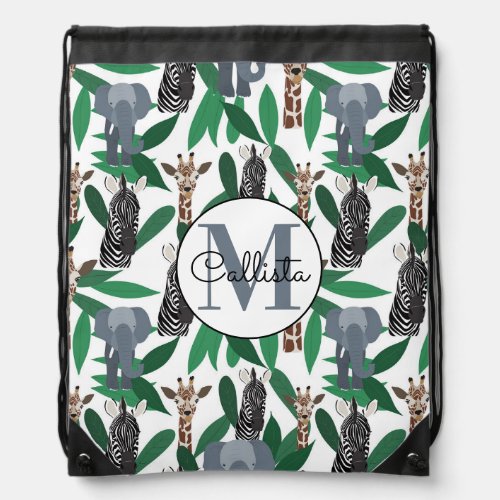 Jungle Zebra Elephant Giraffe Safari Animals Drawstring Bag