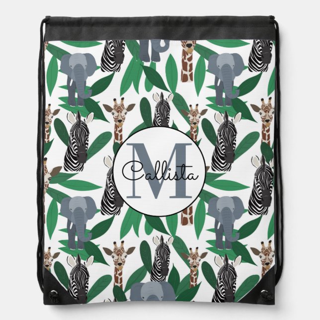 Jungle Zebra Elephant Giraffe Safari Animals Drawstring Bag (Front)