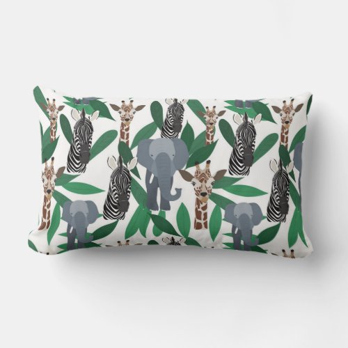Jungle Zebra Elephant Giraffe Safari Animals Lumbar Pillow