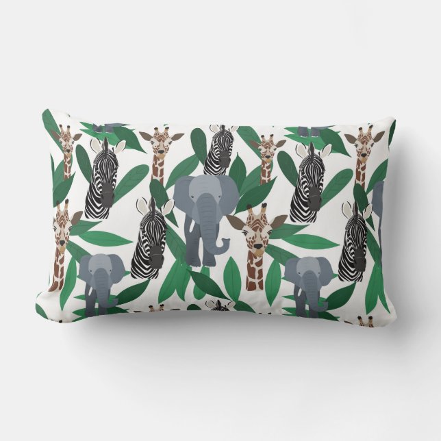 Jungle Zebra Elephant Giraffe Safari Animals Lumbar Pillow (Front)